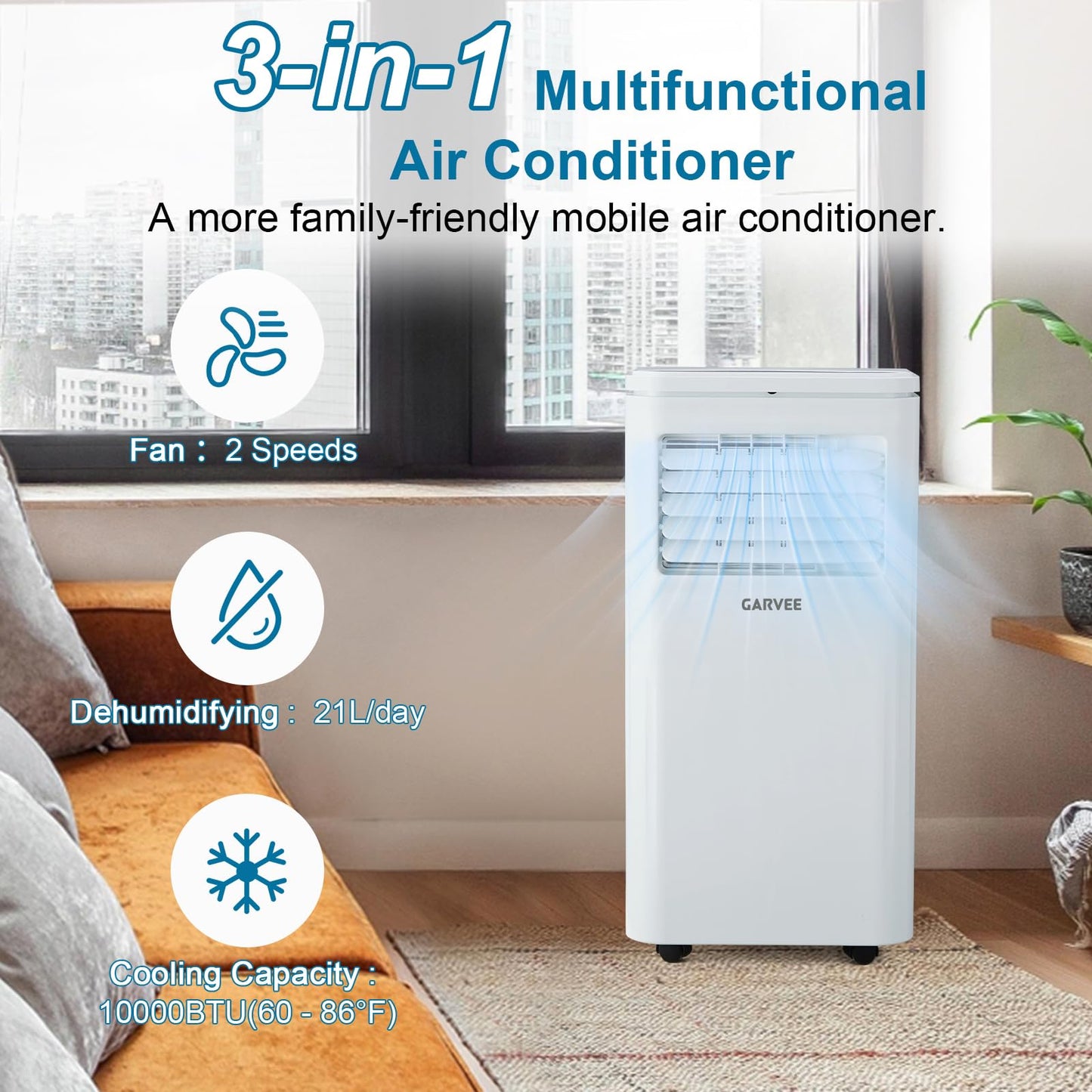 Garvee 10000BTU Portable Air Conditioner 3 in 1, Quiet AC Unit with Fan & Dehumidifier Up to 450 sq.ft, 24H Timer&LED Display, Remote, Window Kit, for Bedroom/Office/Dorms/Apartment