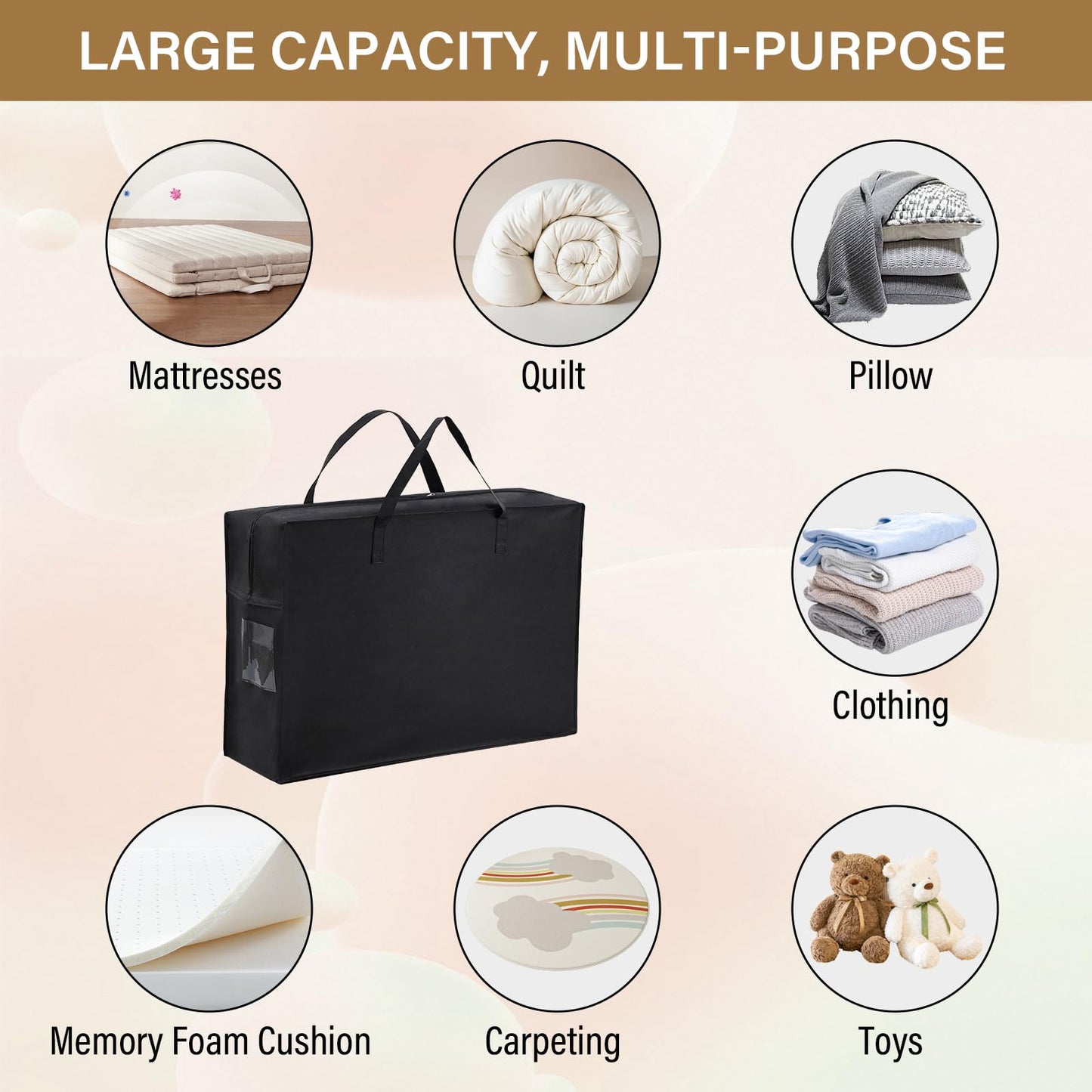 Folding Mattress Storage Bag, Carry Case for Trifold Memory Foam Mattress, Convenient Moving and Travel Storage (Fits4”Twin&Twin XL Mattress, Black)