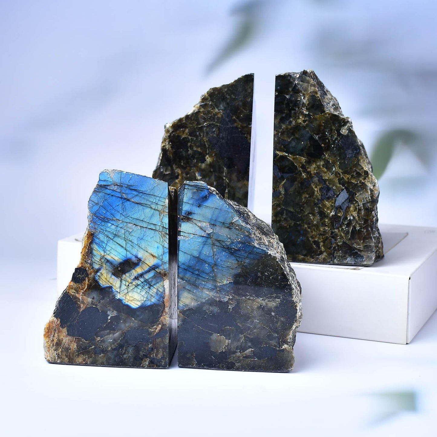 Blue Labradorite Bookends Heavy Duty Healing Crystal Stone Book Holders Decorative Book Ends Office Home Decor Small 1 Pair 2-3 Lbs