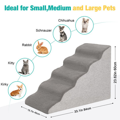 Uross Dog Stairs for Small Dogs- Dog Steps Stairs Ramps for High Bed Couch, High Density Foam Pet Steps Stairs for Dogs to Get on Bed, 5 Tiers Cat Doggy Steps Ramps for Joint Pain Dog(Gray)