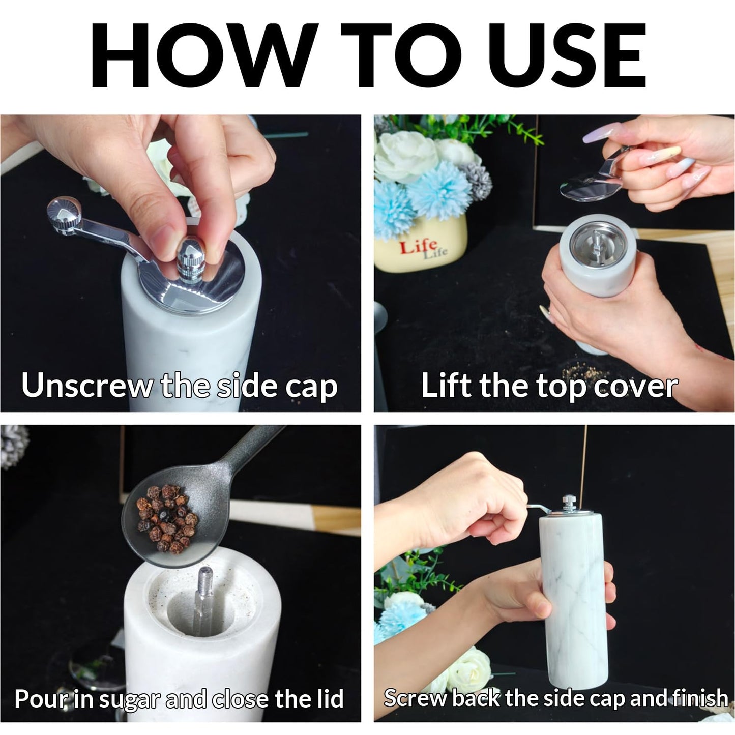 White Marble Salt and Pepper Shakers Adjustable Stone Grind Pepper Mill with Grey Veining and Stainless Steel,Rustic Salt and Pepper Set Holder Table Decor Marble Kitchen Supplies Modern Decor