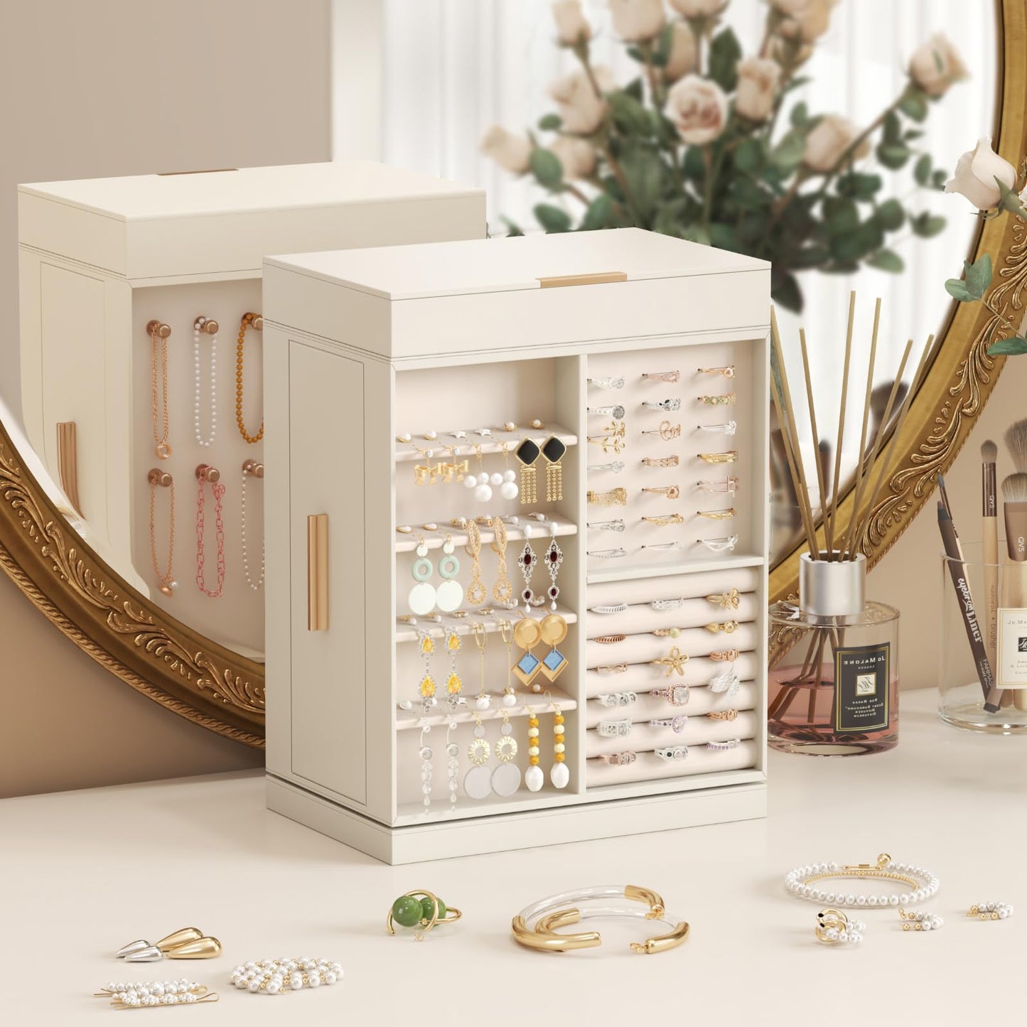 Lifewit 360° Rotating Jewelry Box, Top Magnetic Box wth Mirror, 2 Sides Plus 2 Large Drawers, Jewelry Organizer and Storage Case for Ring Necklace Earring Bracelet, Gift Idea, Creamy White