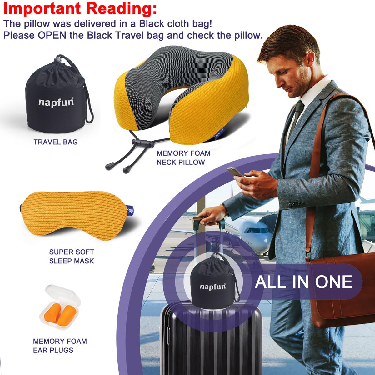 napfun Neck Pillow for Traveling, Upgraded Travel Neck Pillow for Airplane 100% Pure Memory Foam Travel Pillow for Flight Headrest Sleep, Portable Plane Accessories, Light Grey