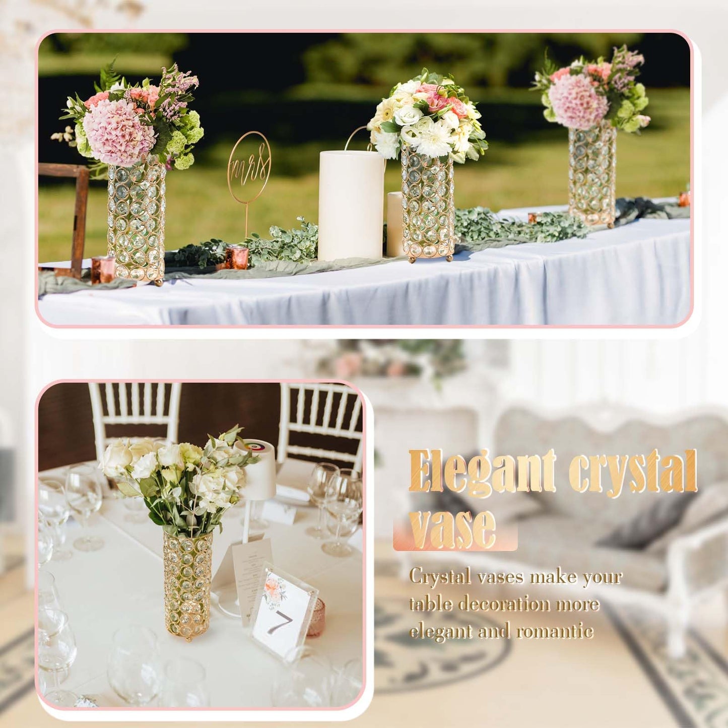 Elegant Crystal Column Vase/Pillar Candle Holder Set, Cylinder Flower Display Tabletop Centerpiece for Weddings & Home Decor (2, Gold)