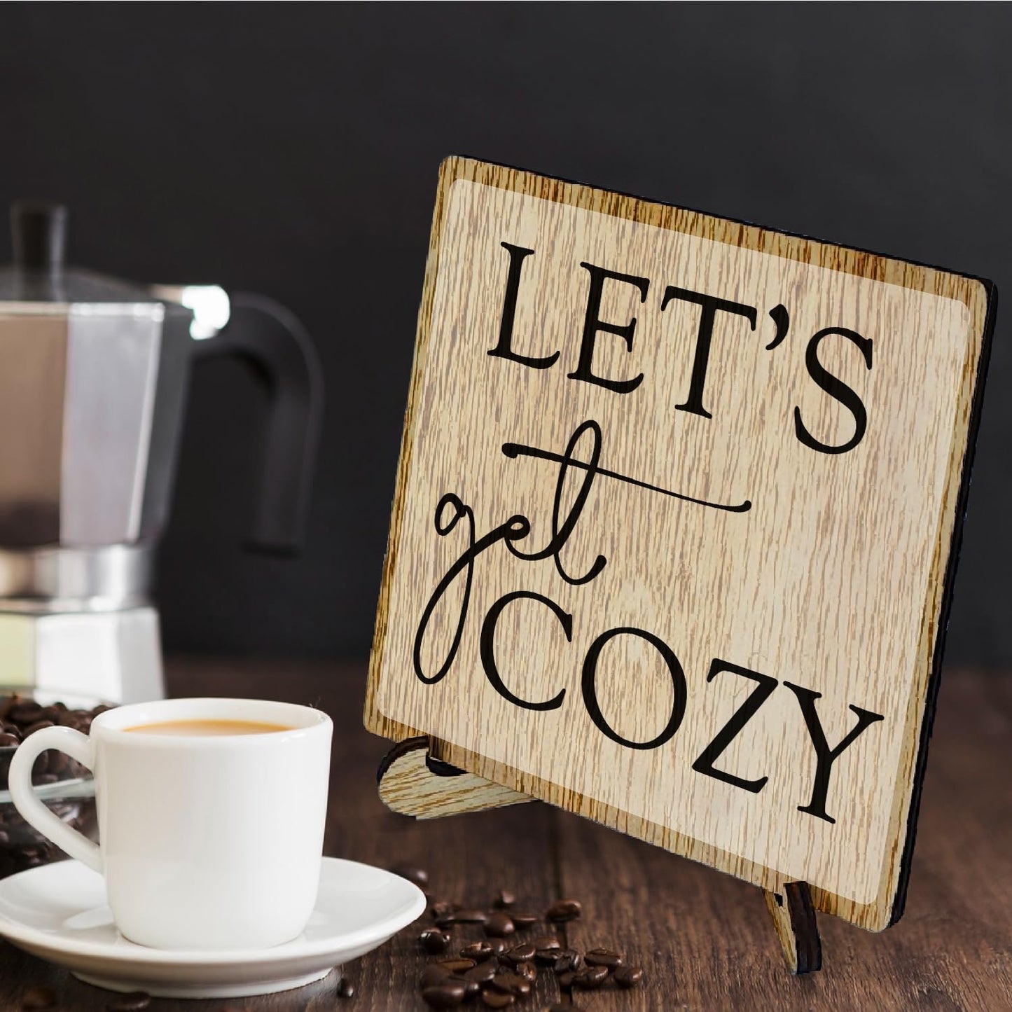 HSIASHENG Best Cozy Wooden Decor 5"X5", Let's Get Cozy Wooden Desk Table Stand Sign Decor for Entertainment Center Living Room, Family Housewarming Stand Sign Gifts for Women Man Couple