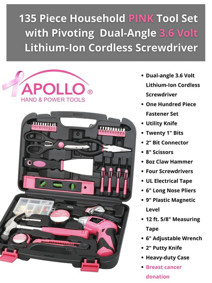 Apollo Tools 135 Piece Household Pink Hand Tools Set with Pivoting Dual-Angle 3.6 V Lithium-Ion Cordless Screwdriver - DT0773N1
