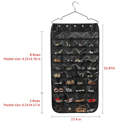 Forypretty Hanging Jewelry Organizer, Double-Sided 80 Pockets (40 Front + 40 Back), Closet & Hook Jewelry Storage, for Earrings, Necklaces, Bracelets, Rings & Pendants, Black