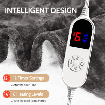 HOW'S MY HOUSE Heated Blanket Throw 50" x 60", Electric Blanket with 12 Time Settings & 6 Heating Levels, Over-Heat Protection, Flannel Sherpa Super Cozy with ETL Certification, Gray