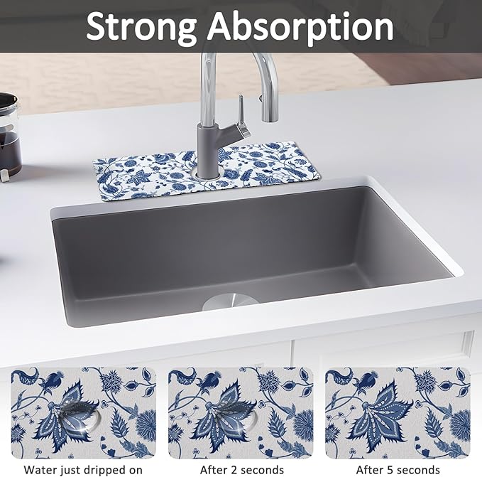 15" X 5.5" Kitchen Sink Splash Guard Faucet Mat Floral Super Absorbent Fast