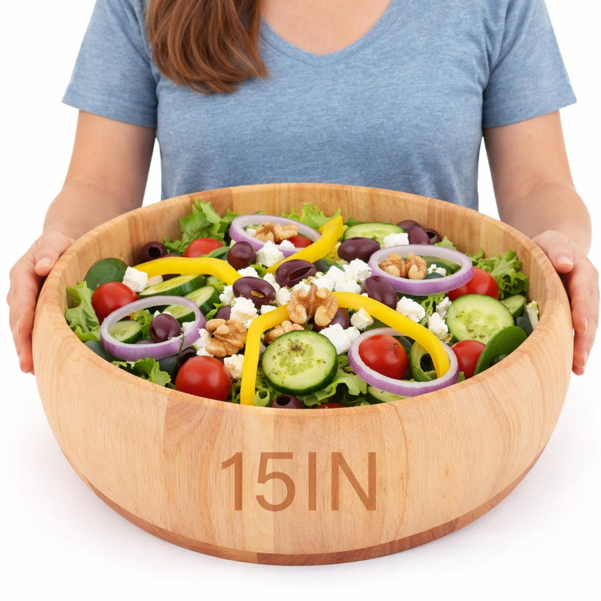 Yiyiring 15 x 5 Inch Exra Large Wood Salad Bowl Wide Large Wood Bowl for Mixing Salad Cut Fruits Pasta Snacks Food Dishes Restaurant Kitchen Countertop Decorative Handcrafted Home Wedding Party