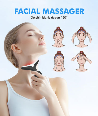 Red-Light-Therapy-for-Face-and-Neck, 7 Color Face Massager Tool for Wrinkles, Double Chin, Vibrating Facial Massager with Thermals for Skin Care, Glossy Pink