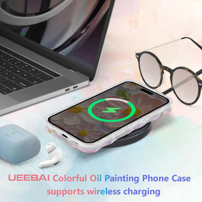 UEEBAI Flower Case for iPhone 17 Case, Colorful Retro Oil Painting Girly Phone Cover Pretty Glossy Pattern Wave Cover Cute Sparkly Floral Curly Shell for Women and Girl, Pink Purple