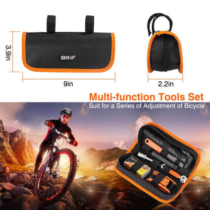Bicycle Repair Bag With Tire Pump, Portable Tool Kit for Camping Travel - Bike Glueless Patches, Maintenance Essentials All in One Safety Kit