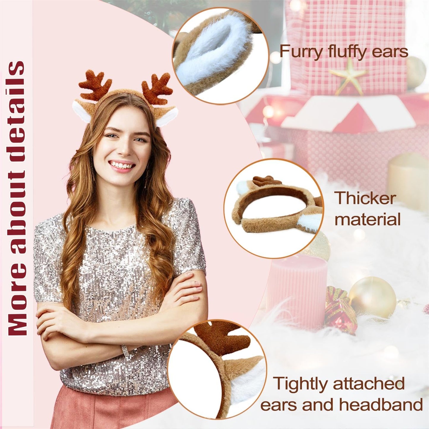 SIOTMERA Reindeer Antlers Headband Fluffy Animal Deer Ears Hairband Party Trips Cosplay Costume Washing for Christmas Halloween suitable for adults