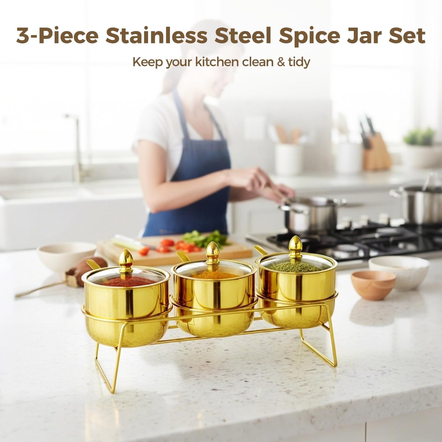 Gold Coffee and Sugar Dispenser, Gold Stainless Steel Spice Jars with Clear Glass Lids, Serving Seasoning Containers for Kitchen, Dining Room, Barbecue