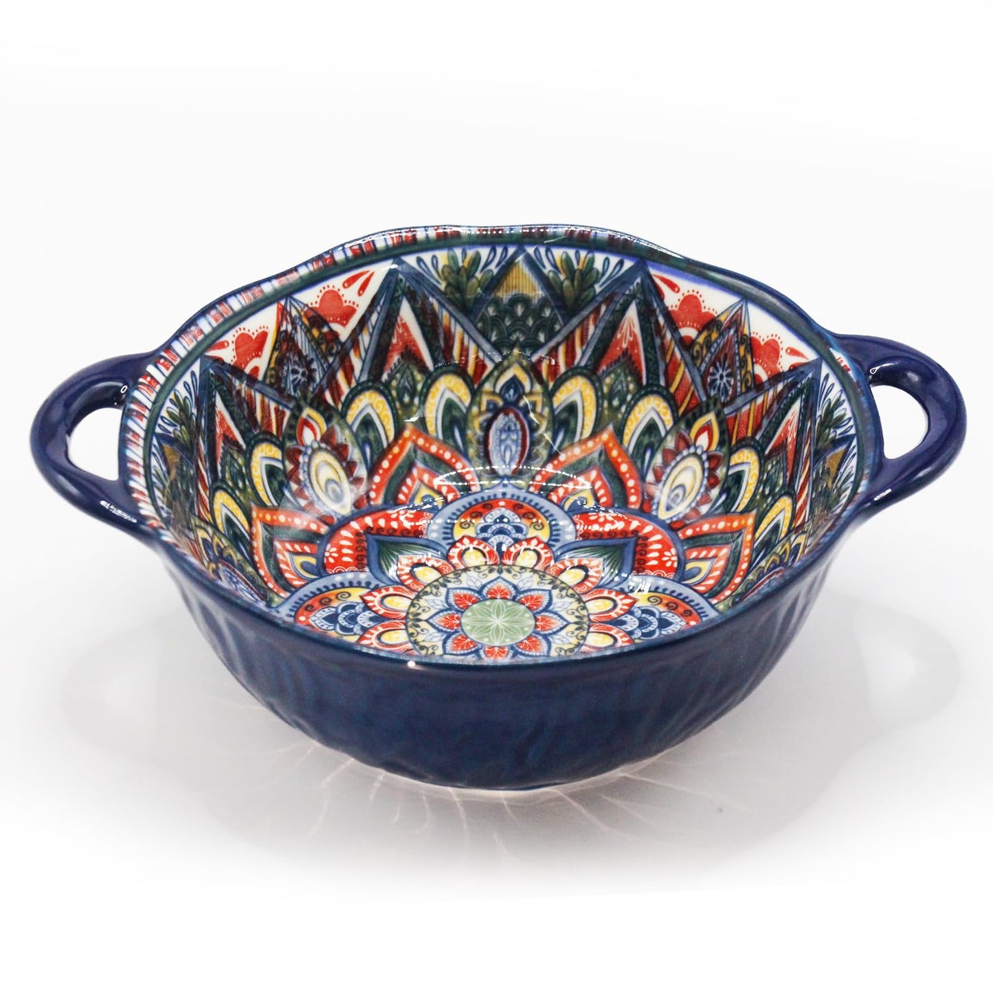 Ronanemon Bohemia Large Bowls with Handle, 40 oz Ceramic Soup Bowl for Salad, Pasta, Cereal,Fruit, Udon, Microwave & Dishwasher Safe (Blue)