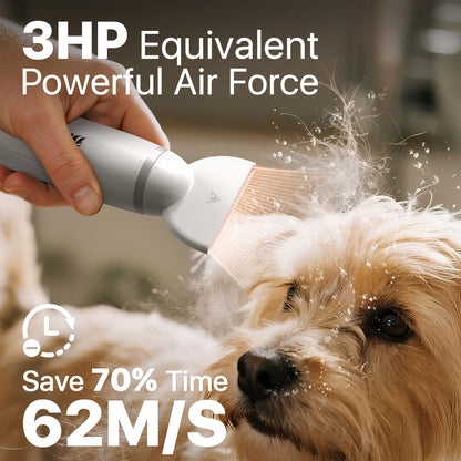 Dog Dryer Handheld Pet Hair Dryer, 3HP High-Velocity Blower with 3 Speeds & 4 Temps Lightweight, Quiet Design. Portable Blow for Travel & Home Grooming. Includes 3 Nozzles (White)