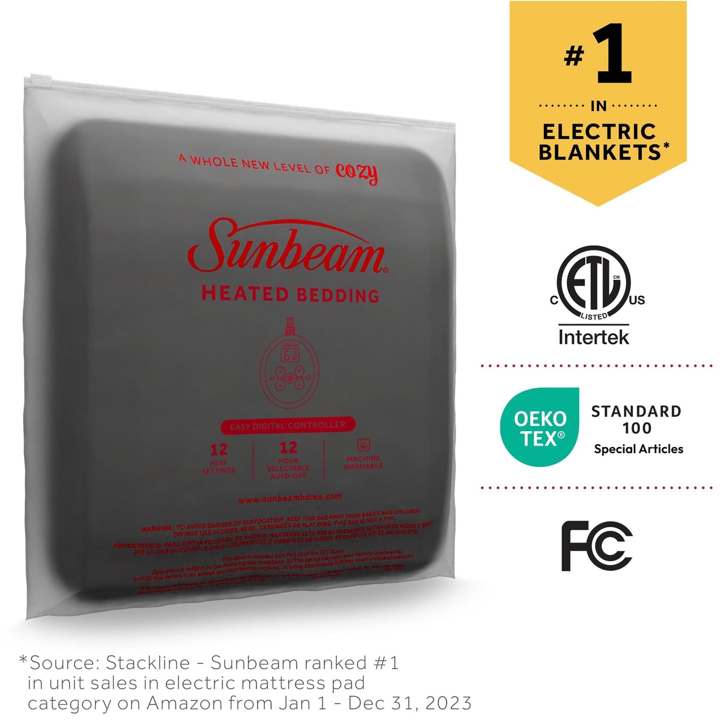 Sunbeam Royal Ultra Fleece Heated Electric Blanket King Size, 90" x 100", 12 Heat Settings, 12-Hour Auto Shut-Off, Machine Washable, Pebble Beige