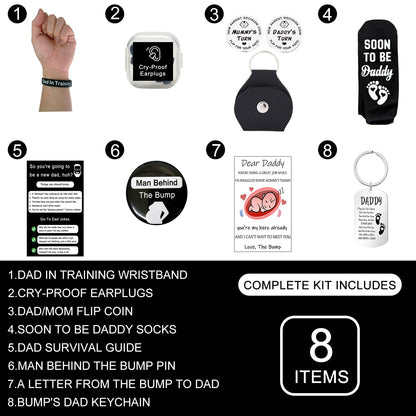 Funny New Dad Gift Set – 8-Piece First-Time Dad Kit for Baby Shower & Gender Reveal – Includes Socks, Decision Coin, Keychain, Guide Card, Wristband & More – Unique Gift for Expecting Fathers!