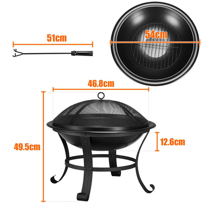 Yaheetech Round Steel Fire pit for Garden Fire Bowl Outdoor Fire Pit Charcoal Log Wood Burner Patio Heater with Mesh Screen Cover & Poker for Camping Bonfire Picnic