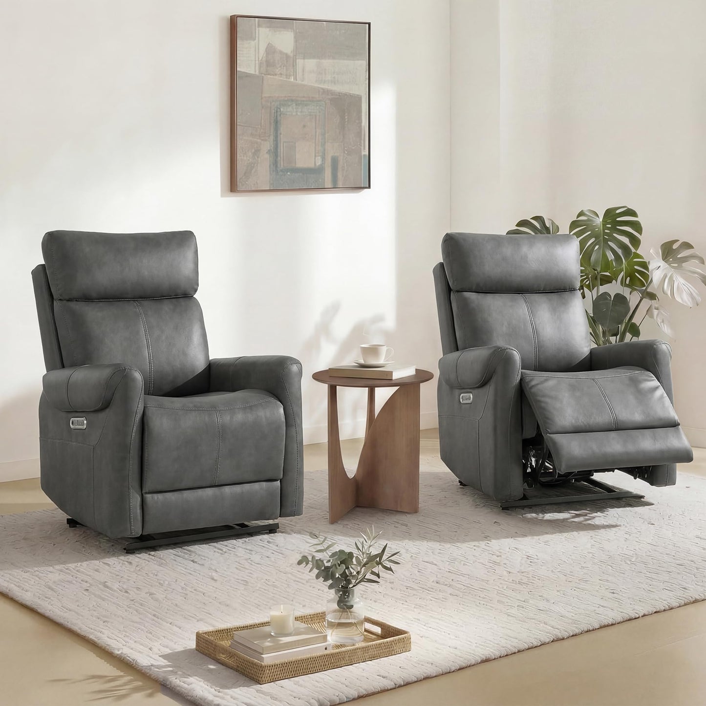 KISLOT Leather Recliner Chair Set of 2, Wall Hugger RV Recliners with USB Charging Ports Electric Power Reclining Sofa for Living Room Home Theater Seating Bedroom