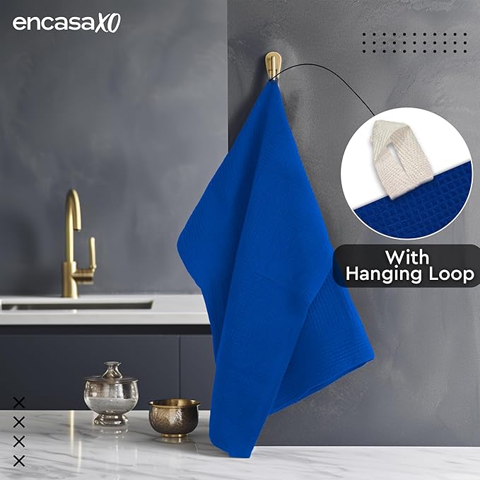 Encasa XO Kitchen Dish Towels Set | Blue | Waffle Weave and Flat Hand Tea Towel