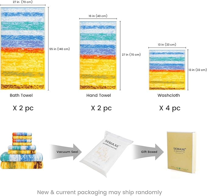 SEMAXE Colorful Bath Towel Set, 100% Cotton Bathroom Towels