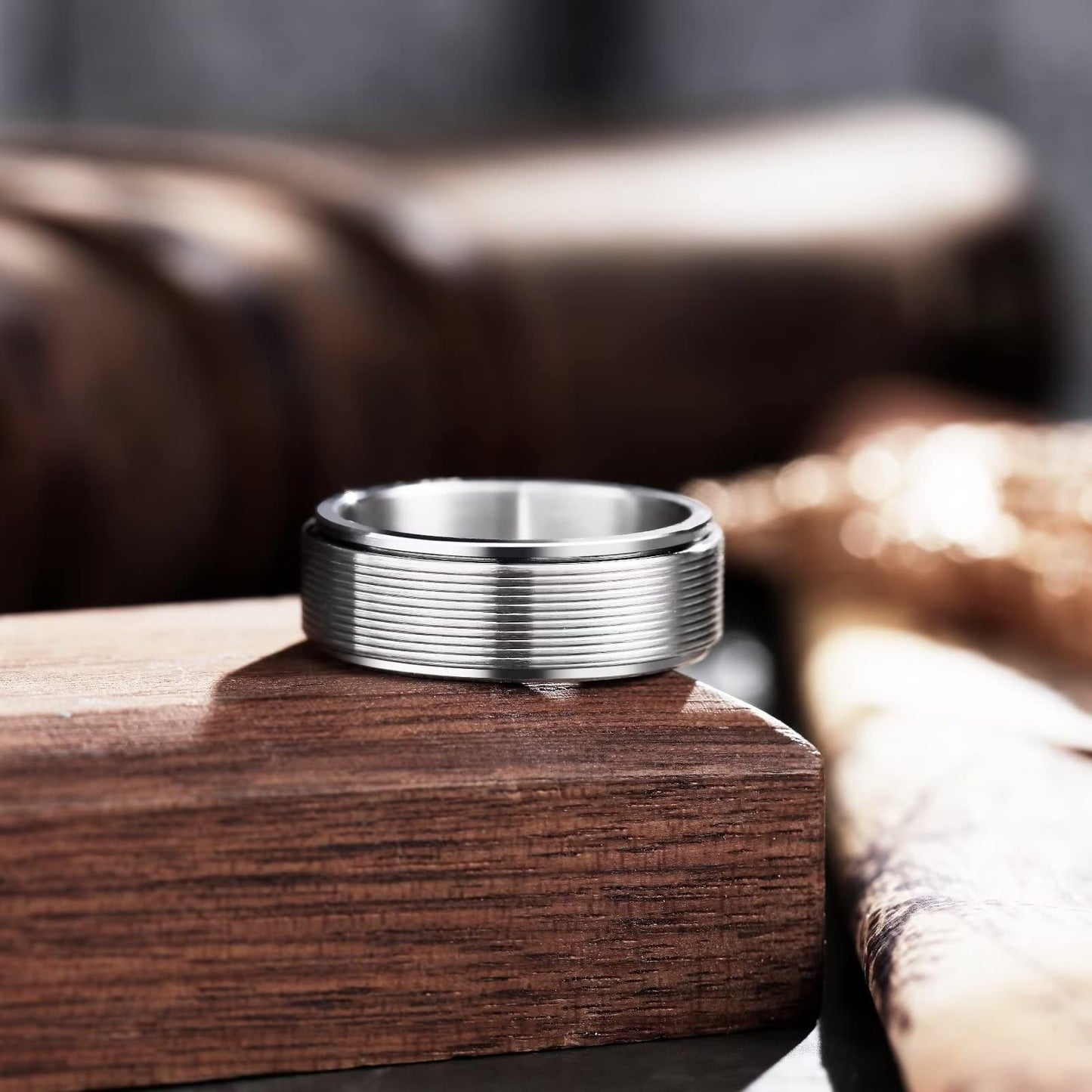 King Will Mens Silver 8mm Groove Spinner Rings Stainless Steel Anxiety Fidget Ring for Women Men Polish Thin Line Groove Wedding Band Fidget Ring Matte Brushed Comfort Fit 8