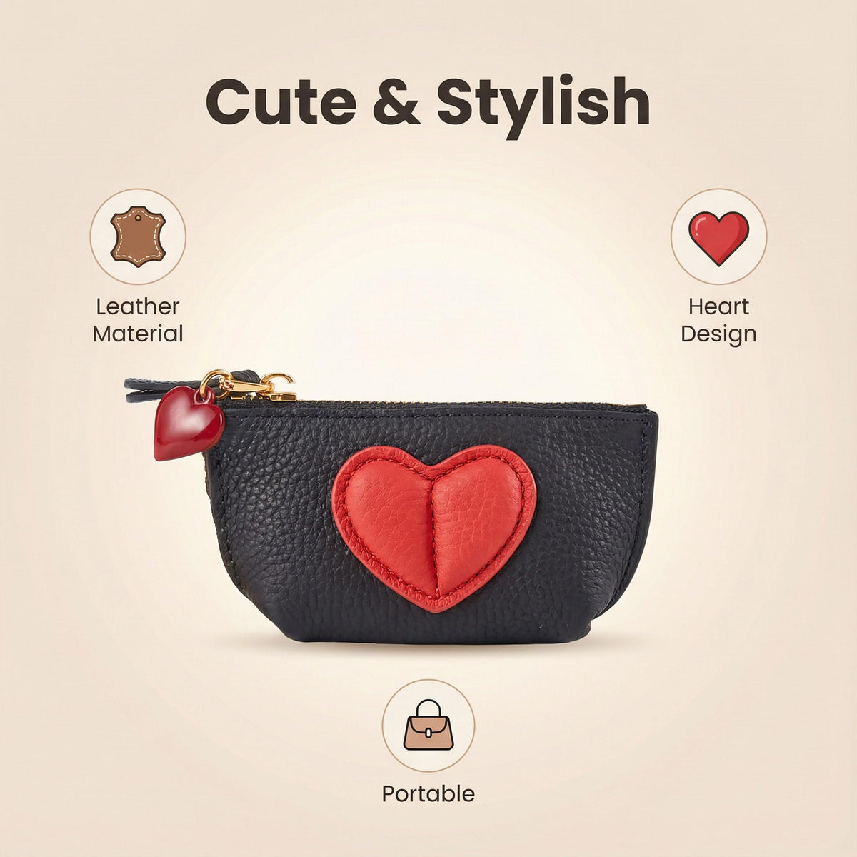 Red Heart Design Small Coin Purse - Cute Compact Keychain Change Purse Soft Leather Wallet with Zipper for Women (Black)