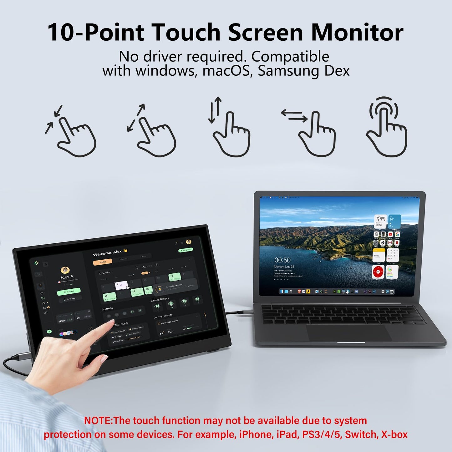 InnoView Portable Monitor Touchscreen 15.6" 1080P 10-Point Touch Screen Monitor Portable with Protective Sleeve Built-in Stand, 1200:1 HDMI USB C Travel Monitors for Laptop, PC, Phone