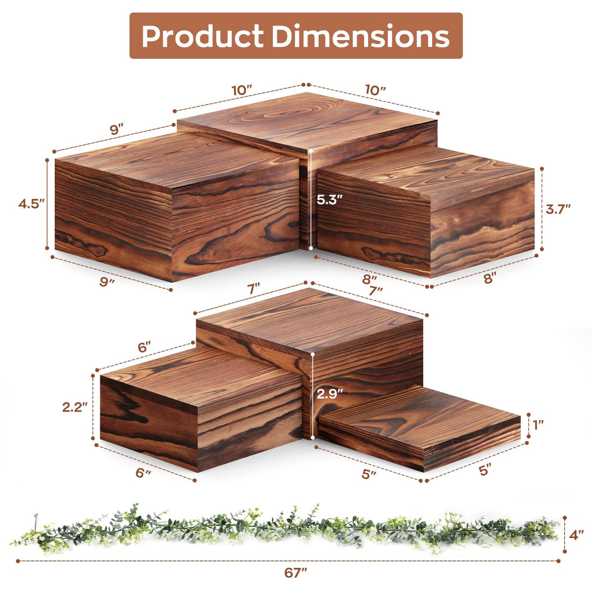 MUNNAR 6 PCS Wooden Buffet Risers, Wood Display Risers for Food, Wooden Square Risers Display Stands, Food Risers for Buffet Table (10", 9" , 8", 7", 6", 5") with 67" Faux Greenery Vine