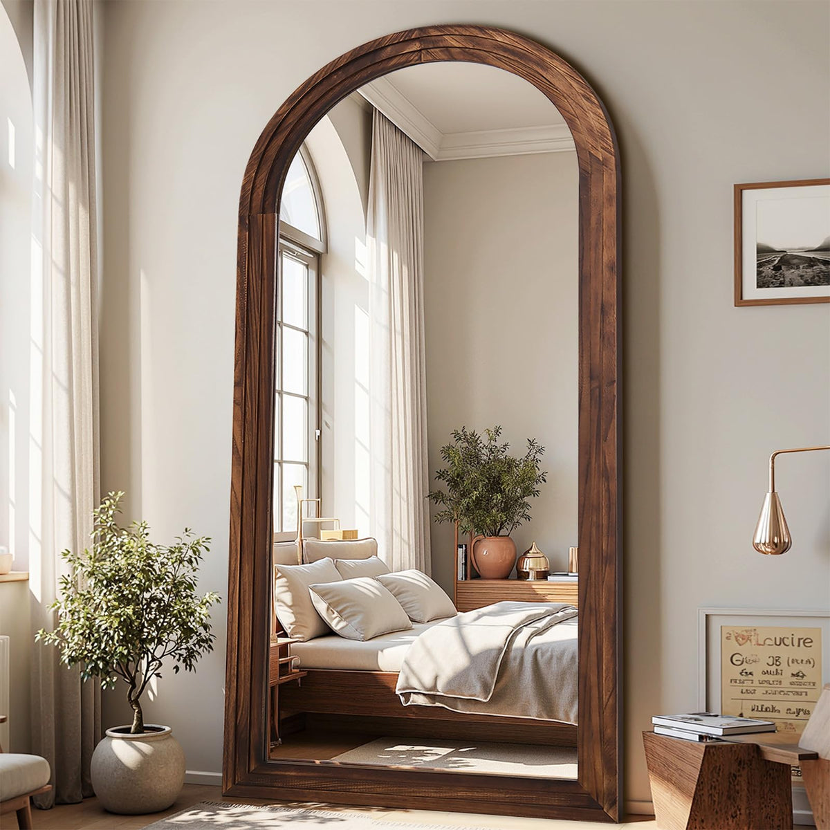 Antok Full Length Mirror with Solid Wood Frame, 76"×34" Wall Mounted Oversized Floor Mirror with Stand, Leaning Standing Hanging for Bedroom Living Room Entryway, Walnut, Arched Syle