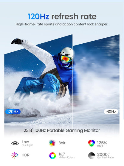 UPERFECT QLED 24” Portable Monitor 120Hz 125% sRGB 400Nits w/Kickstand & VESA, FreeSync HDR Large Gaming Screen with HDMI USB C for Work & Gaming, 3 Narrow Edge External Matte Display for PC Laptop