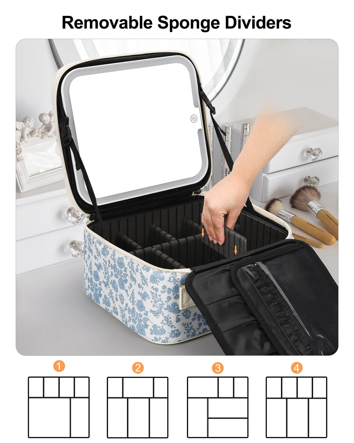 Relavel Travel Makeup Bag With LED Mirror, Cosmetic Train Case with Light up Mirror, Portable Makeup Artist Organizer Bag with Adjustable Dividers, Makeup Brush Holder Storage, Black