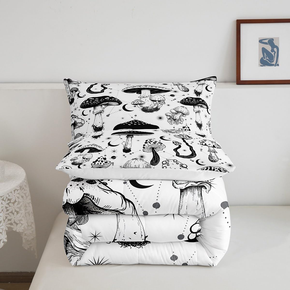 Castle Fairy Wild Mushroom Comforter Set Full Size,Abstract Sun Moon Starry Bedding Set Gothic Plants Quilt Set for Kids Boys Teens Room Decor,Black White Sketch Style Duvet Insert with 2 Pillowcases