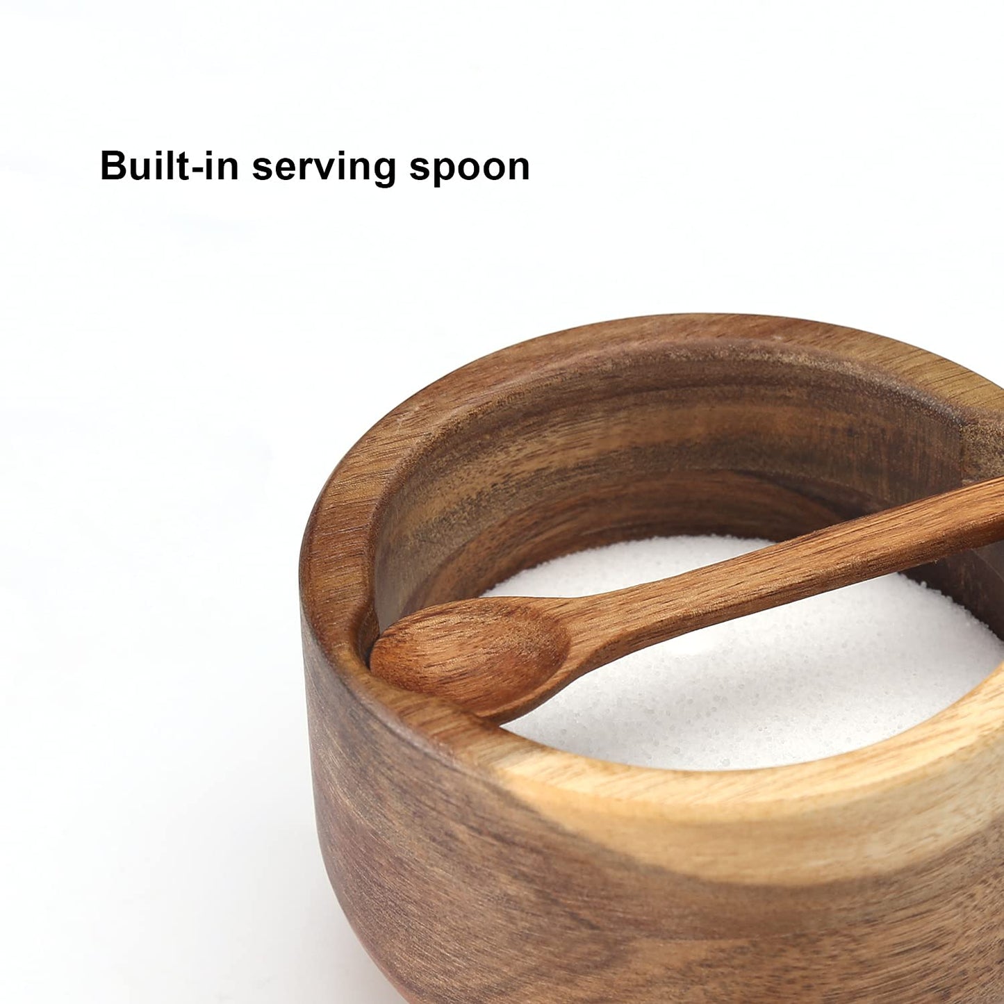 KITCHENDAO Large Wood Salt and Pepper Box Bowl Set with Built-in Serving Spoon, Natural Solid Acacia Base, Big Capacity Salt Pepper Cellar Container Holder, 10oz Capacity Each, Black & Grey Marble Lid