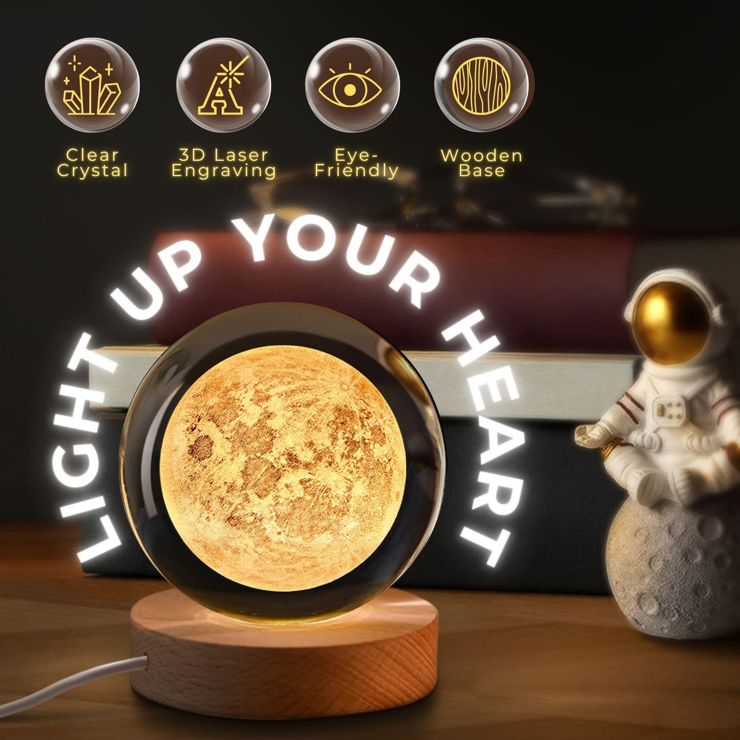 Flexzion 3D Moon Crystal Ball Night Light 80mm (3.15 Inch), LED Glass Sphere Lamp with Solid Wood Base, USB Powered Adjustable Brightness Desk Decor Gift