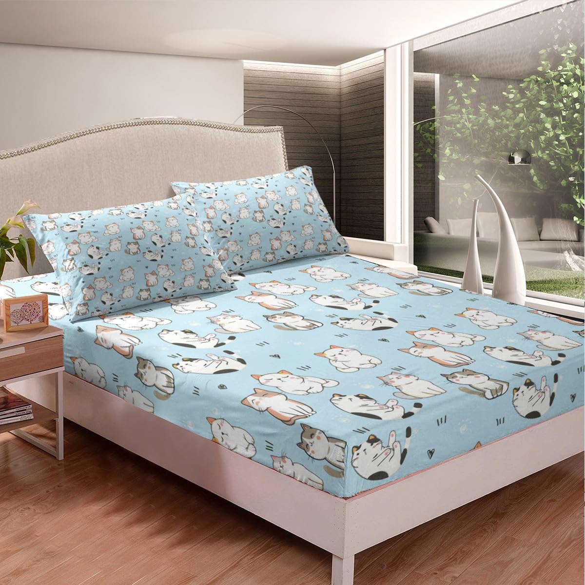 Erosebridal Kawaii Cat Sheet Sets Full, Cartoon Cat Fitted Sheet for Kids Boys Girls, Garfield Paw Print Bed Sheets, Cute Animal Kitten Flat Sheet + Love Heart Top Sheet + 2 Pillowcases, Blue