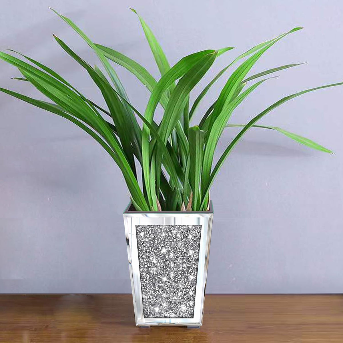 Meetart Crushed Diamond Mirrored Planter, Crystal Silver Glass Decorative Mirror Luxury Flower Pot ，with Drainage Hole and Tray for All House Plants, Succulents, Flowers, and Cactus.