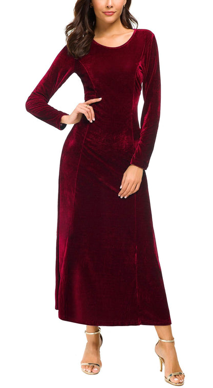 Urban CoCo Women's Elegant Long Sleeve Ruched Velvet Stretchy Long Dress (2XL, Wine red)
