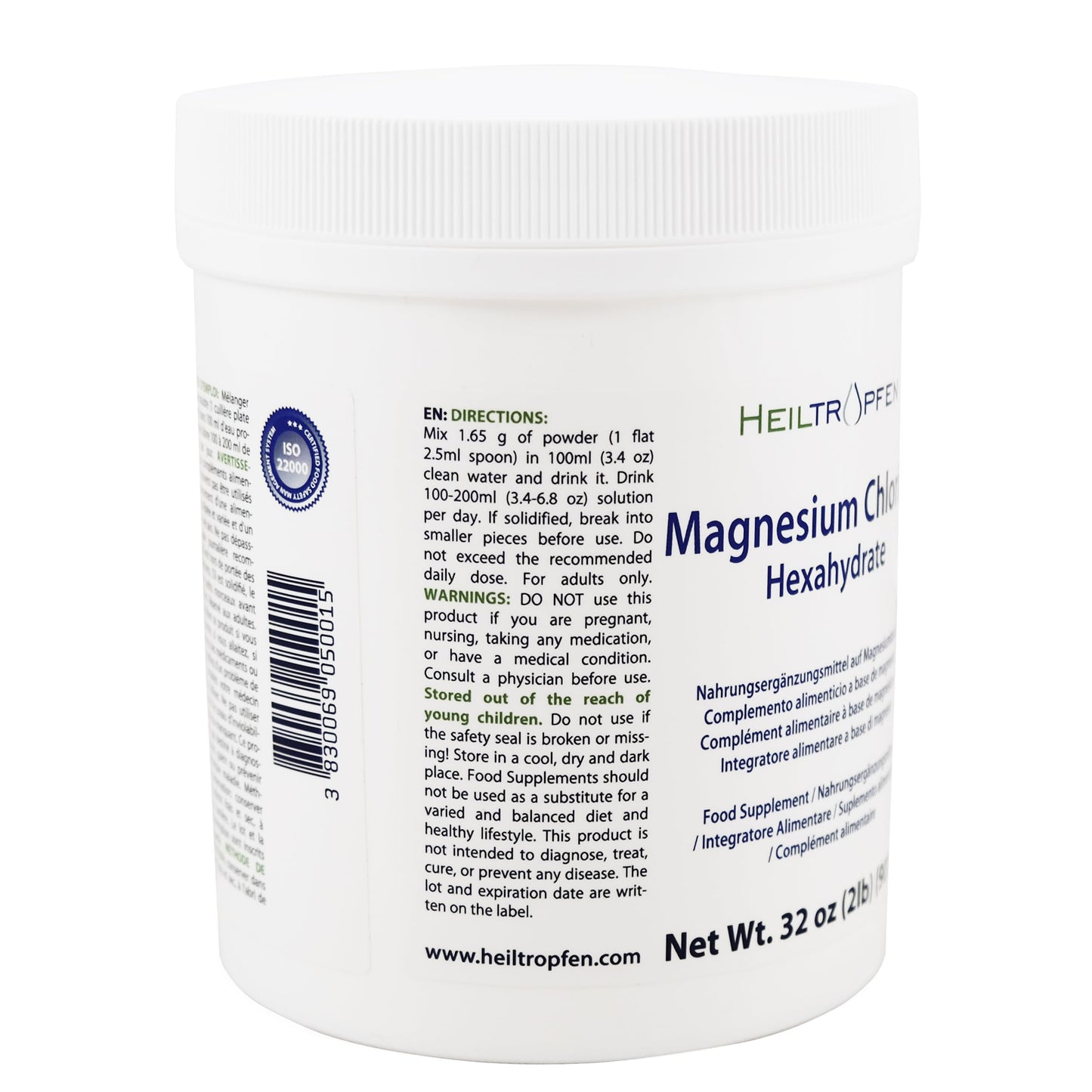 2 Pounds / 907 g Magnesium Chloride Powder | Hexahydrate | Pharmaceutical Grade Ingredients | Crystal Powder | Pure Ph. EUR., BP, USP, 100% - Muscle Pain Relief | Heiltropfen®
