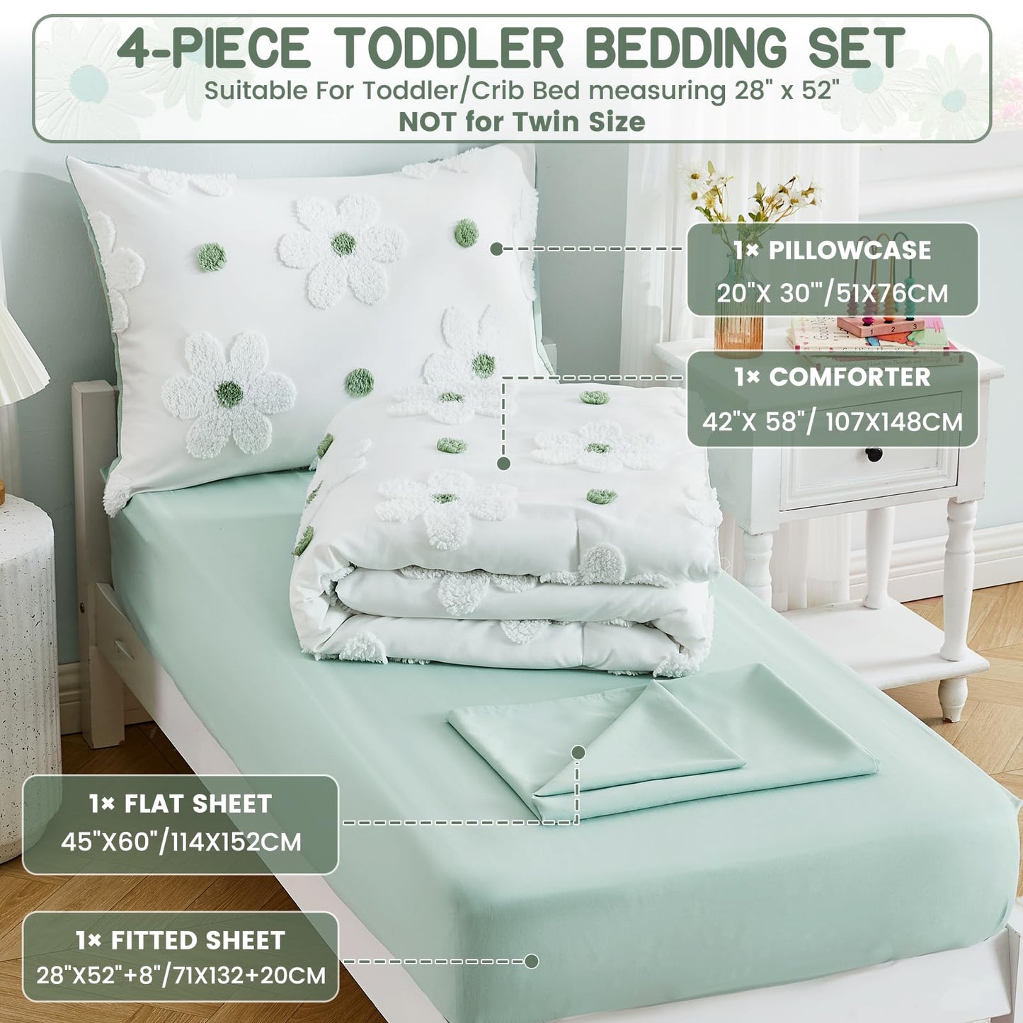 Toddler Bedding Set for Girls 4-Piece Sage Green Boho Tufted Daisy Flowers Toddler Comforter Set Bed-in-a-Bag Toddler Sheets Bedroom Set with Toddler Comforter, Flat Sheet, Fitted Sheet, Pillowcase