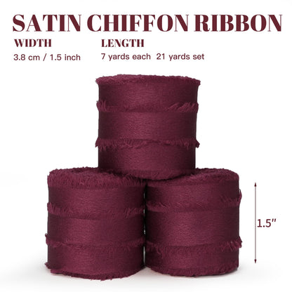 Keypan Burgundy Ribbon for Gift Wrapping, Silk Satin Chiffon Frayed Fabric Ribbons for Crafts Flower Bouquets Wedding Invitation Decor Christmas 1-1/2 Inch x 21 Yd