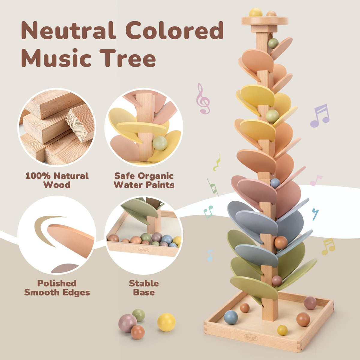Joyreal Wooden Marble Run Music Tree for Kids 3-5 4-8, Montessori Wooden Ball Drop Toy, Rainbow Marble Tree Tower with Sound Leaves, Educational Learning Birthday Gift