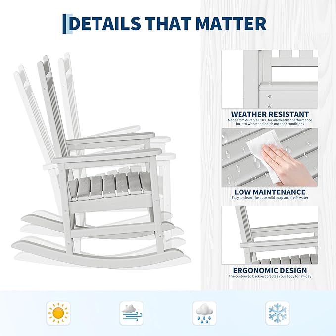 HDPE Rocking Chair Outdoor Set of 4 with 2 Side Table - Poly High Back Porch Rocker Chairs for Adults - All Weather Resistant Furniture for Patio Front Porch - White