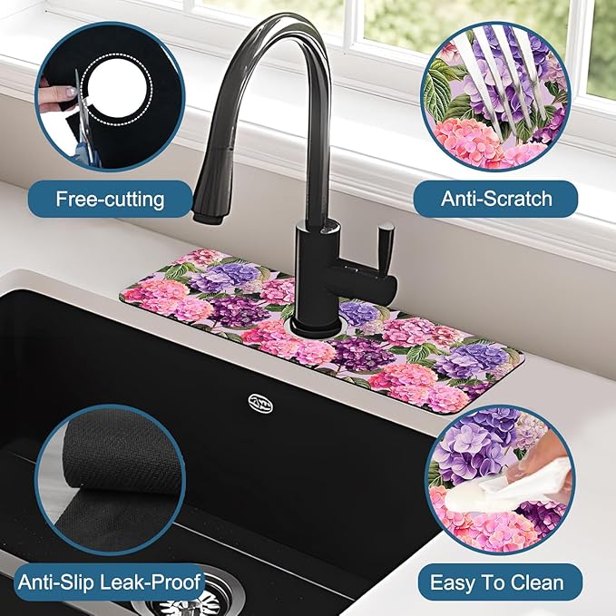 Colorful Hydrangea Sink Splash Guard Faucet Mat Purple Pink Hydrangea Super