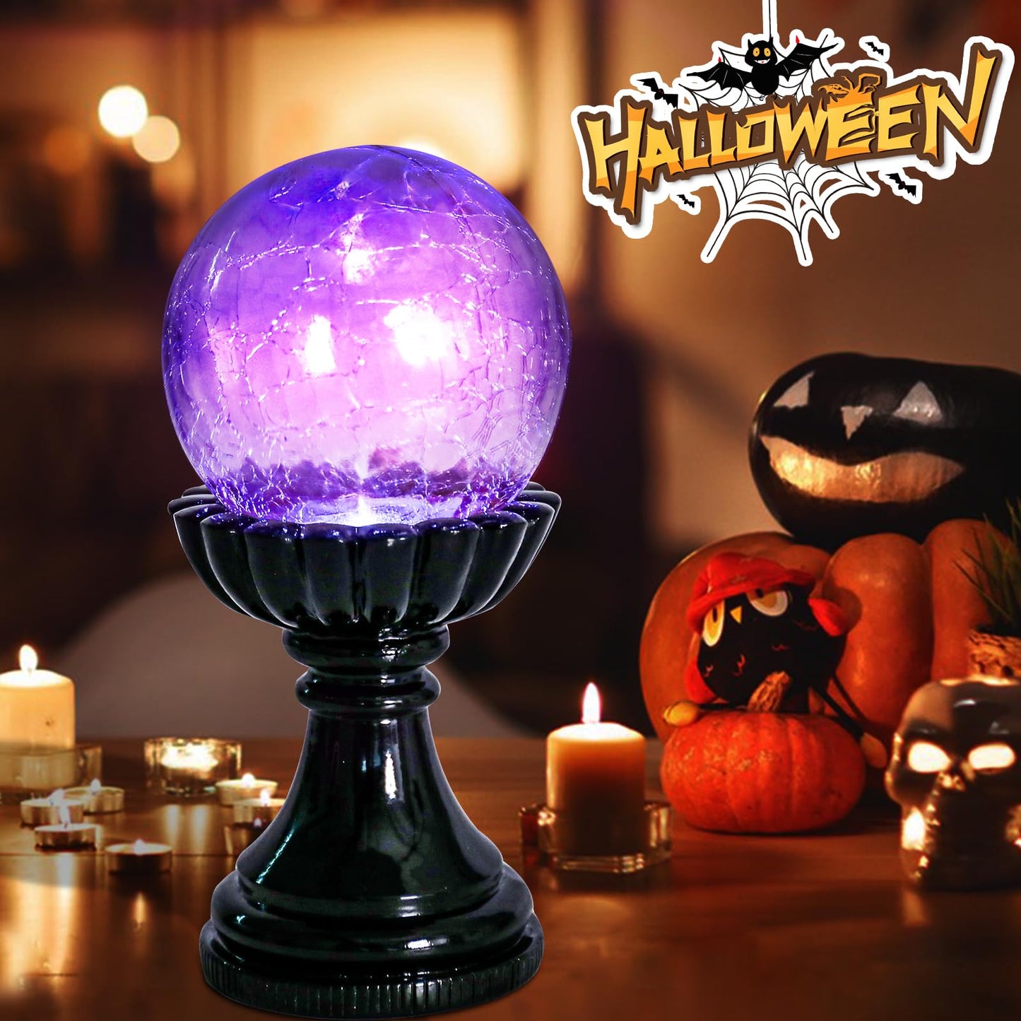 MUMTOP Halloween Indoor Decorations, Purple Glass Crackle Globe with LED Light Halloween Magic Ball Figurine Resin Statue for Home Kitchen Room Party Table Decor