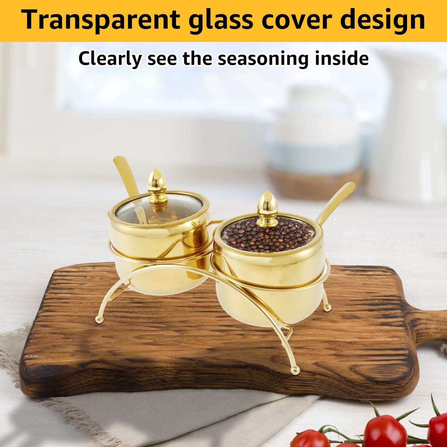 Luxury Gold Sugar Bowl Set with Spoons, 3-Piece Retro 304 Stainless Steel Seasoning Box for Coffee Bar Decor, Elegant Condiment Pots with Clear Glass Lid & Serving Tray for Salt, Candy, Cube Sugar