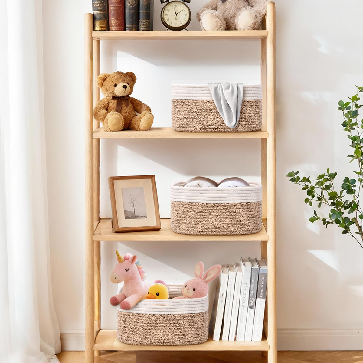 Storage Baskets for Shelves, 2 Pack Shallow Basket - 10.5" x 10.5" x 5.5", Rope Baskets for Organizing Toys, Snacks, Cube Storage Bins for Closet, Bedroom, Nursery, Brown & White