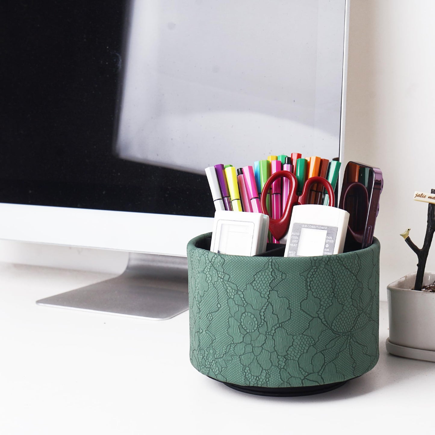 Lvkjafaz Round Leather Art Supply Organizer,Remote Control Holder,360 Degree Spinning,Multi-Functional Pencil Holder,4 Compartments Desktop Stationary Organizer(1-Lace Flower Green2)
